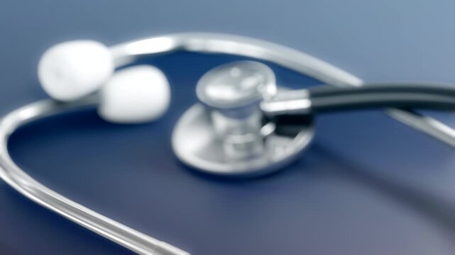 Isolated pan shot of a depth of fields blue medical stethoscope on blue background.