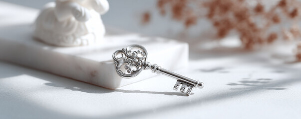 Elegant ornamental key resting on marble. Represents unlocking potential, solutions, new beginnings. Soft light, clean aesthetic. Ideal for finance, real estate.