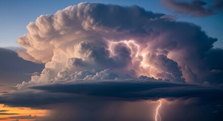 A powerful, large cumulonimbus storm cloud with a bright lightning strike illuminating the dark interior.