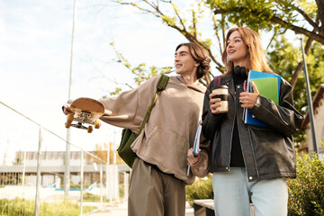 Young couple enjoying a sunny day together while exploring their neighborhood