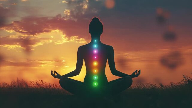 Woman seated in meditation with all seven chakras glowing brightly in rainbow colors, representing holistic wellness, energy balance, spiritual growth, and full alignment of mind, body, and soul