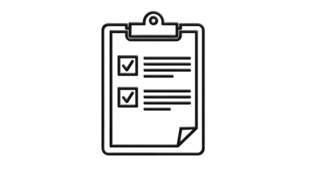 Isolated checklist clipboard with a clip, paper list with check marks and note sheet edge folded