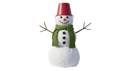 Isolated snowman with twig arms and a red bucket hat perfect for holiday designs