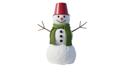 Isolated snowman with twig arms and a red bucket hat perfect for holiday designs