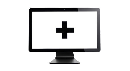Fototapeta premium Isolated computer monitor displays a plus sign, an image symbolizing healthcare or medical aid