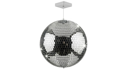 Isolated disco ball with attached ceiling mount; hanging party light with mirror tiles