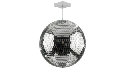 Isolated disco ball with attached ceiling mount; hanging party light with mirror tiles