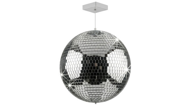 Isolated disco ball with attached ceiling mount; hanging party light with mirror tiles - Powered by Adobe