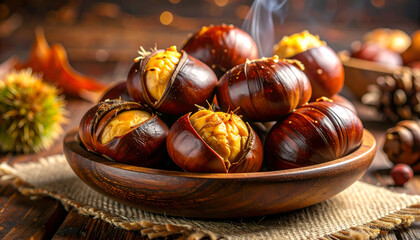 Roasted Chestnuts in Wooden Bowl, Autumnal Still Life