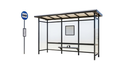 Isolated public transport shelter a bus stop waiting point, road sign for the bus with schedules © Agata