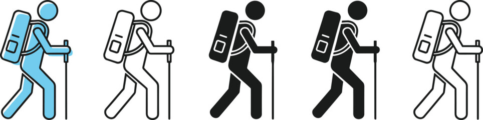 Set of five stylized icons depicting hikers with backpacks and poles Keywords: hiking, hiker, backpack, trekking, walking, pole