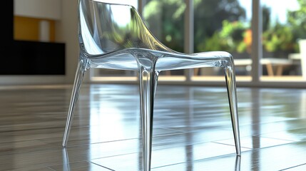 Transparent modern chair in a bright minimalist living room.