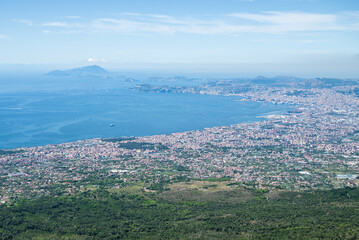 Panoramic view from Vesuvius overlooking Naples, the coastline, and islands in the Tyrrhenian Sea...