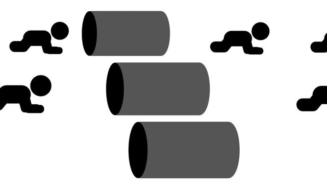 Several crawling infants face cylindrical obstacles, symbolizing collective struggles, shared hardships, and barriers in growth and human progress