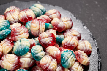 colorful brain shape jelly candies, delicious colorful Halloween sweets