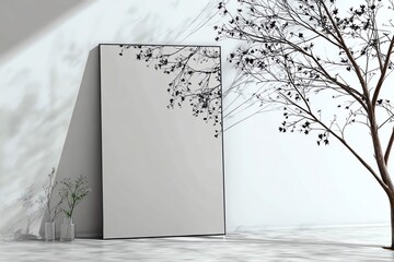 Modern minimalist interior with sleek mirror, white walls, and delicate plant. Soft lighting enhances the clean lines and serene atmosphere in this elegant space.