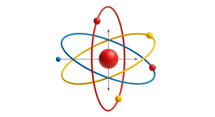 Isolated atom model illustrating structure in red, blue, and gold, on seamless background