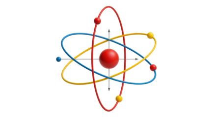 Isolated atom model illustrating structure in red, blue, and gold, on seamless background