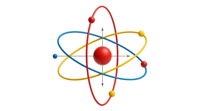 Isolated atom model illustrating structure in red, blue, and gold, on seamless background
