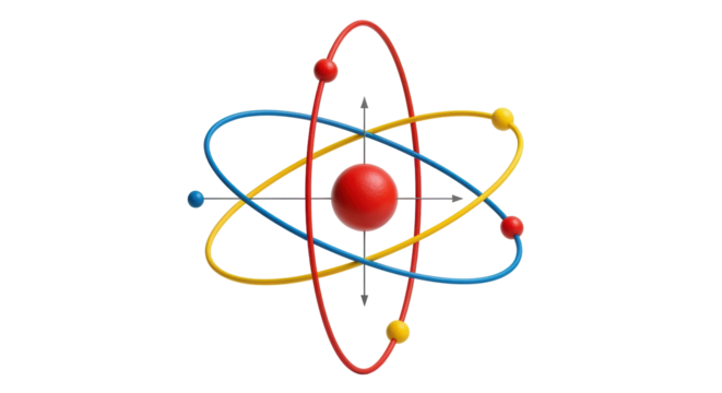 Isolated atom model illustrating structure in red, blue, and gold, on seamless background