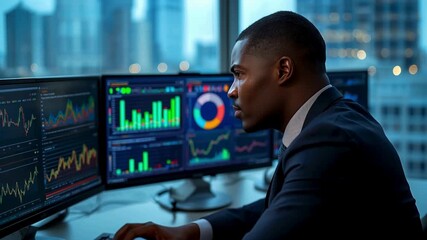 Focused African American Businessman Analyzing Financial Data on Multiple Monitors in Modern Office - Powered by Adobe
