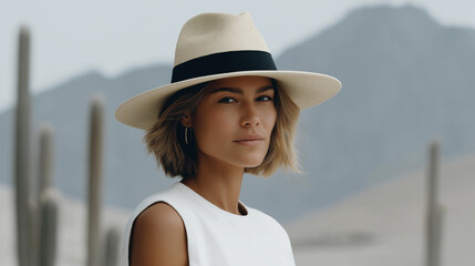 a desert road with sand dunes and cacti cluttered with tumbleweeds soft natural light at dawn a middle aged woman driving with a hat natural poses as she adjusts detailed text
