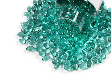 Vitamin capsules in bottle. Vitamins, dietary supplements, drugs,