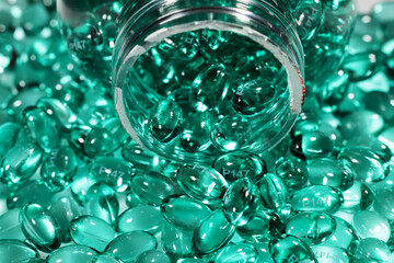 Vitamin capsules in bottle. Vitamins, dietary supplements, drugs,