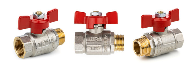 Ball valve with red handle isolated on white background