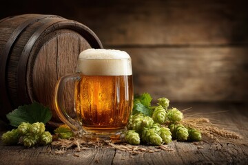Beer. Still life with Vintage beer barrel and glass light beer. Fresh amber beer concept. Green hop and gold barley on wooden table. Ingredients for brewery. Brewing traditions. MZ 