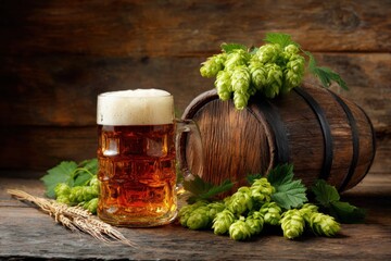 Beer. Still life with Vintage beer barrel and glass light beer. Fresh amber beer concept. Green hop and gold barley on wooden table. Ingredients for brewery. Brewing traditions. MZ 
