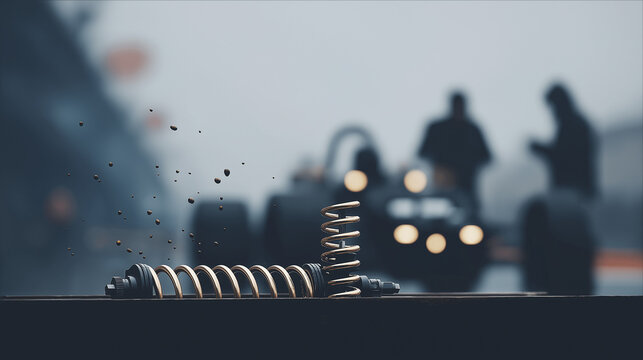 Mechanics repair a suspension in a pit garage with springs compressing wrenches tightening oil dripping and a driver debriefing nearby shown in a gritty photo with spring coils