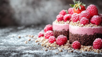 Two mini raspberry and chocolate desserts garnished with fresh raspberries and granola.