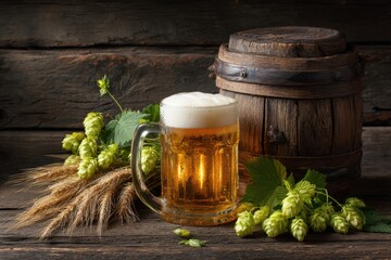 Beer. Still life with Vintage beer barrel and glass light beer. Fresh amber beer concept. Green hop and gold barley on wooden table. Ingredients for brewery. Brewing traditions. MZ 