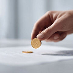 Hand delicately holding a golden coin above financial documents. Conceptual for investment, cryptocurrency, or new economic ventures. Clean, modern, versatile.