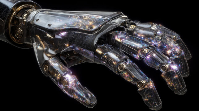 Macro shot of robotic exoskeleton joint rotating, polished mechanical parts shining brightly.