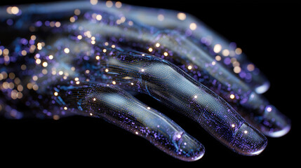 Macro capture of prosthetic hand fingertip sensors glowing, surface polished under strong light.