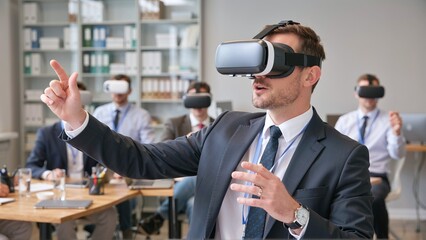 Immersive Business Meeting: A Team Explores Virtual Reality Applications for Innovation and Futuristic Strategies in a Modern Office.