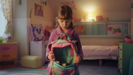A young girl packs a backpack, but the items fly into it by themselves, glowing with light. Her excitement grows as she explores the magical treasures within her lively room filled with vibrant decor