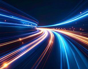 Fototapeta premium Dynamic neon trails cutting across a shadowy, abstract space, visualizing the flow of data and energy