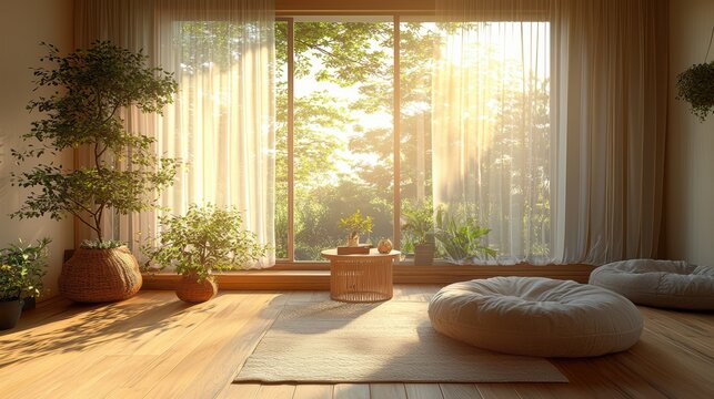 Cozy modern interior design featuring natural light, plants, and warm decor creating a tranquil, inviting atmosphere for relaxation and wellness