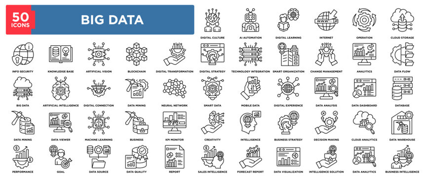 Big Data icon set with 50 outline vector icons. Includes big data, data mining, data analysis, data visualization, data dashboard, database