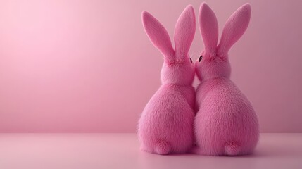 Two pink bunnies sitting back-to-back against a pink background.