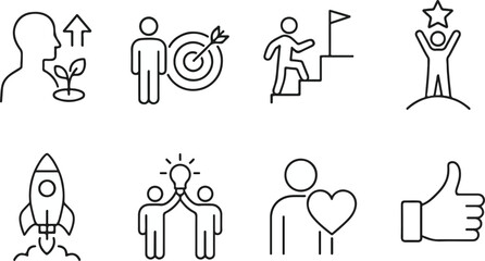 Business Success and Teamwork Outline Icon Set – Growth, Startup, Achievement, Motivation, Leadership, outline illustration