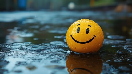 Cheerful yellow smiley ball floating in rainwater, capturing joyful happiness and playful emotions with vibrant colors and reflections in nature