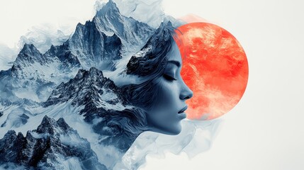 Artistic digital illustration of a serene woman silhouette merging with majestic mountains and a vivid red moon, creating a dreamlike landscape