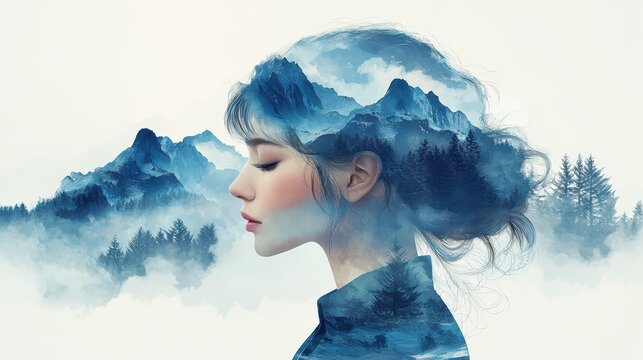 Serene artistic portrait of a woman with nature-inspired landscape featuring mountains and blue hues, embodying tranquility and creativity