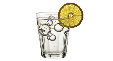 Isolated glass of sparkling water, lemon garnish, refreshment in clear drinking vessel