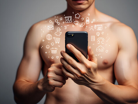 Muscular man holding smartphone with digital icons technology - Powered by Adobe