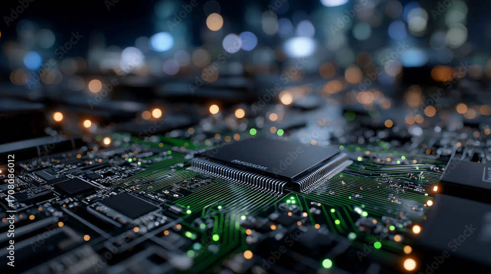 Poster digital core: a close-up perspective unveils the intricate architecture of a computer processor, whe